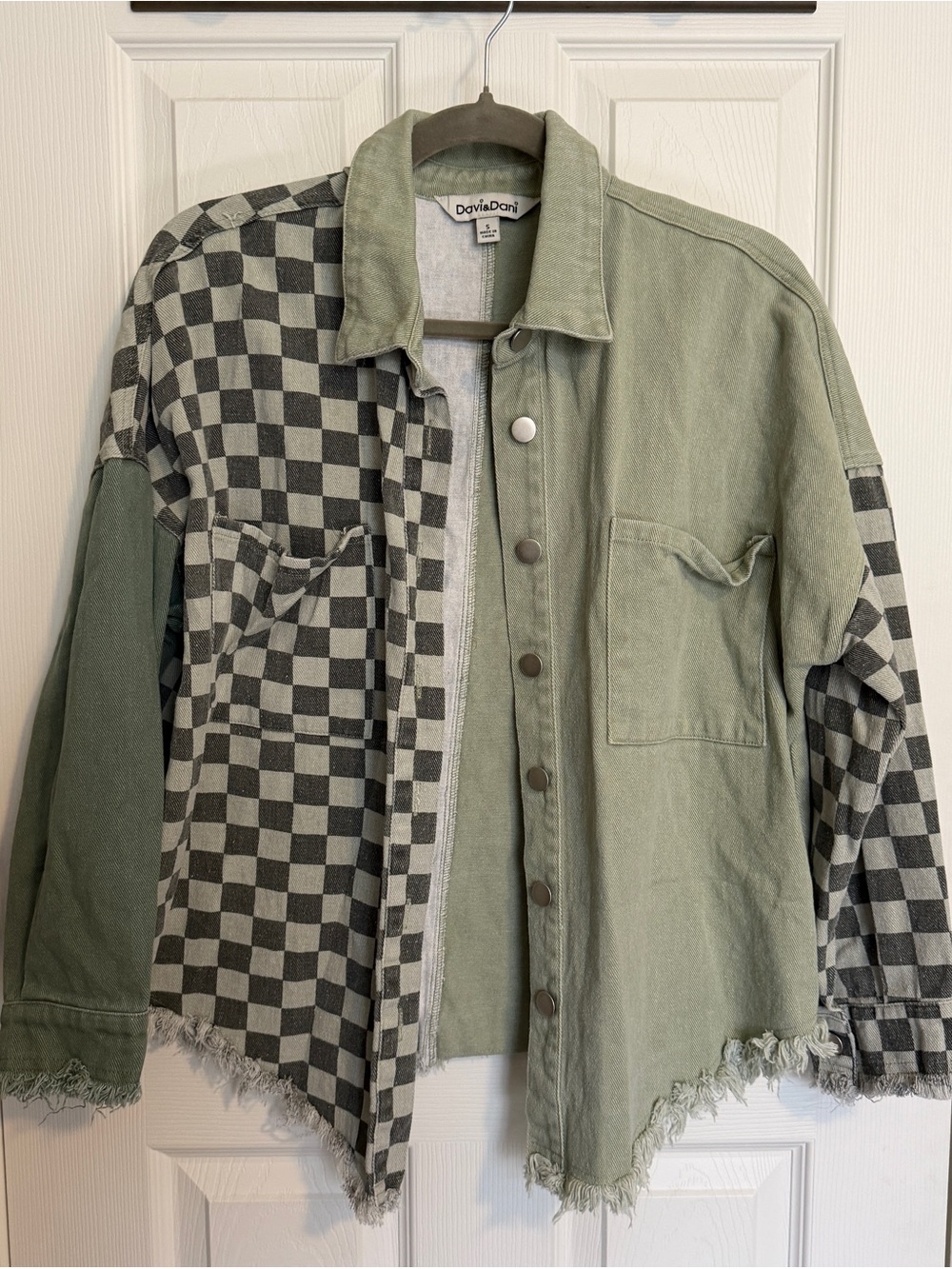 Davi & Dani Green Checkerboard Grunge Denim Oversized Jacket Size S Streetwear - Picture 2 of 7